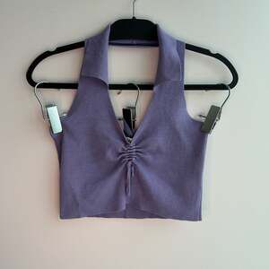 Aster Purple Ruched Halter Knit Crop Top Size M
